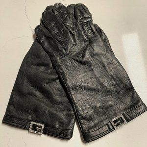 Women's Silk Lined Italian Black Leather Gloves with Ringstones Size 7.5